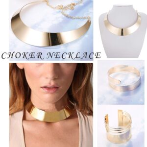 HANPABUM Women Gold Tone Choker Necklace and Cuff Bangle Bracelet Jewelry Set Exaggerated Punk Style (A:Gold Tone)