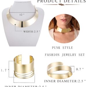 HANPABUM Women Gold Tone Choker Necklace and Cuff Bangle Bracelet Jewelry Set Exaggerated Punk Style (A:Gold Tone)