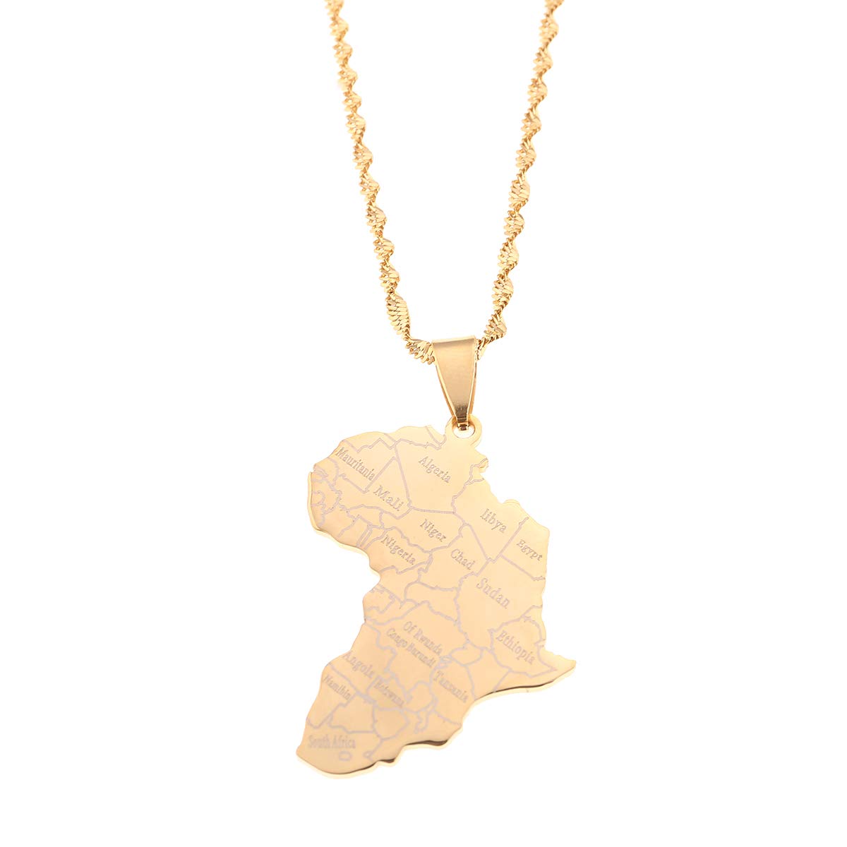 Stainless Steel Map of Africa Country Pendant Necklace Men Women Hip Hop African Jewelry (Gold Color)