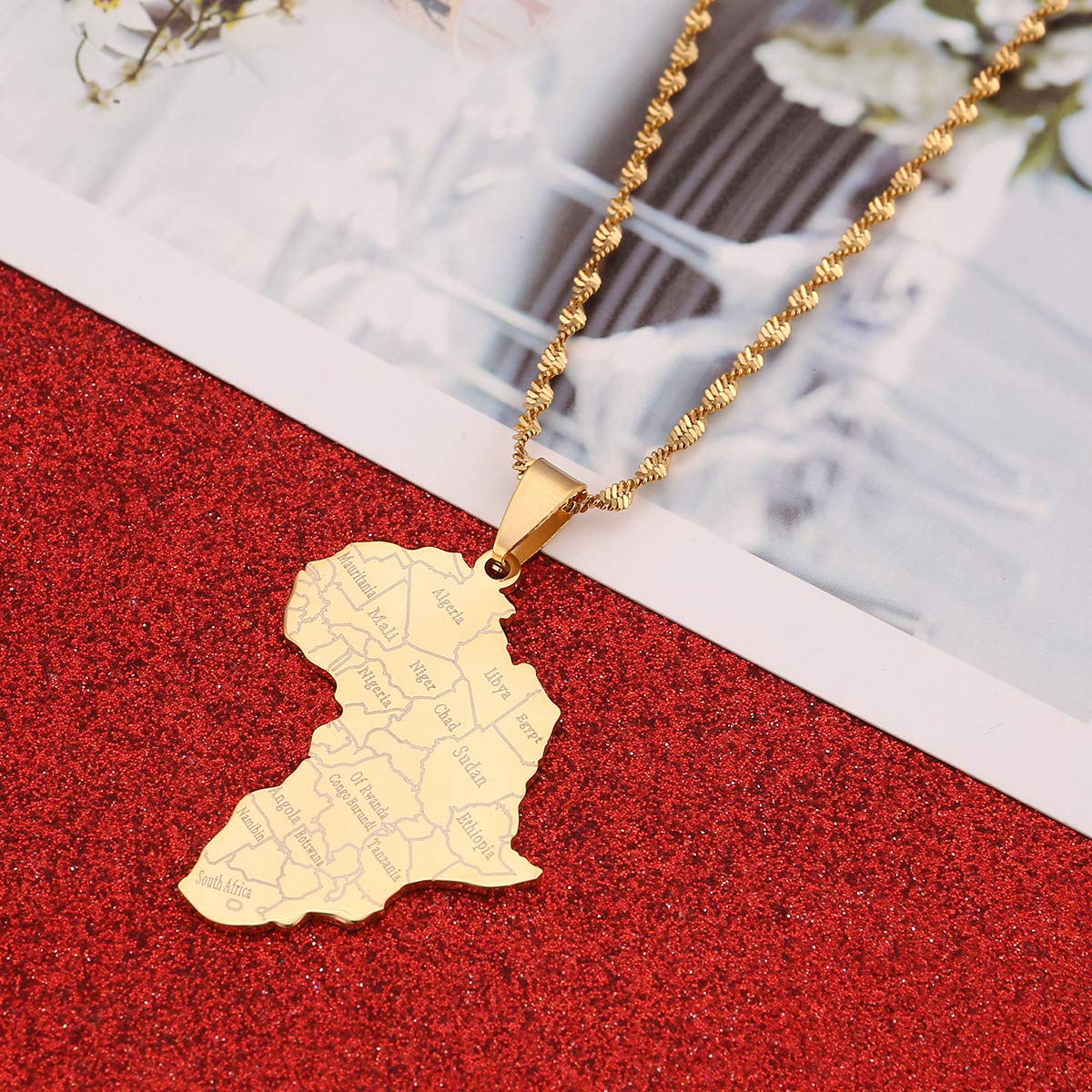 Stainless Steel Map of Africa Country Pendant Necklace Men Women Hip Hop African Jewelry (Gold Color)