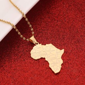 Stainless Steel Map of Africa Country Pendant Necklace Men Women Hip Hop African Jewelry (Gold Color)