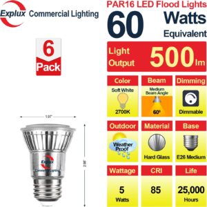 Explux LED PAR16 Long Neck Spotlight Bulbs, Dimmable, 60W Equivalent 500 Lumens, Classic Full Glass, 2700K Soft White, 6-Pack