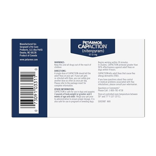 PetArmor CAPACTION (nitenpyram) Oral Flea Treatment for Dogs, Fast Acting Tablets Start Killing Fleas in 30 Minutes, Dogs Over 25 lbs, 6 Doses (Pack of 1) (Packaging May Vary)