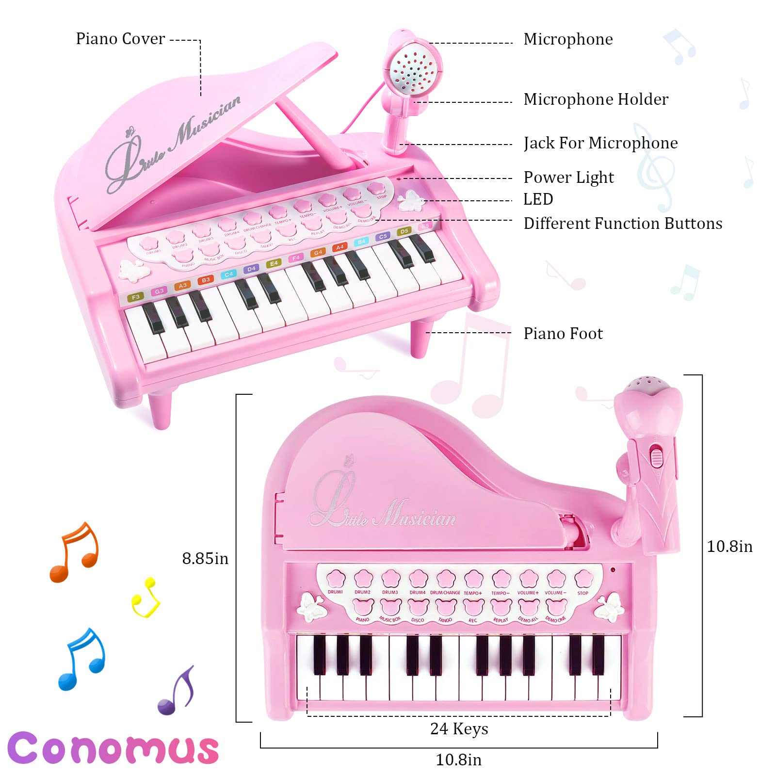 Conomus Piano Keyboard Toy for Girls-1 2 3 Year Old Girls First Birthday Gift -24 Keys Toddler Piano Multifunctional Musical Electronic Toy