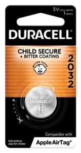 duracell 2032 lithium battery. 1 count pack. child safety features. compatible with apple airtag, key fob, and other devices. cr2032 battery lithium coin battery. cr lithium 3v cell