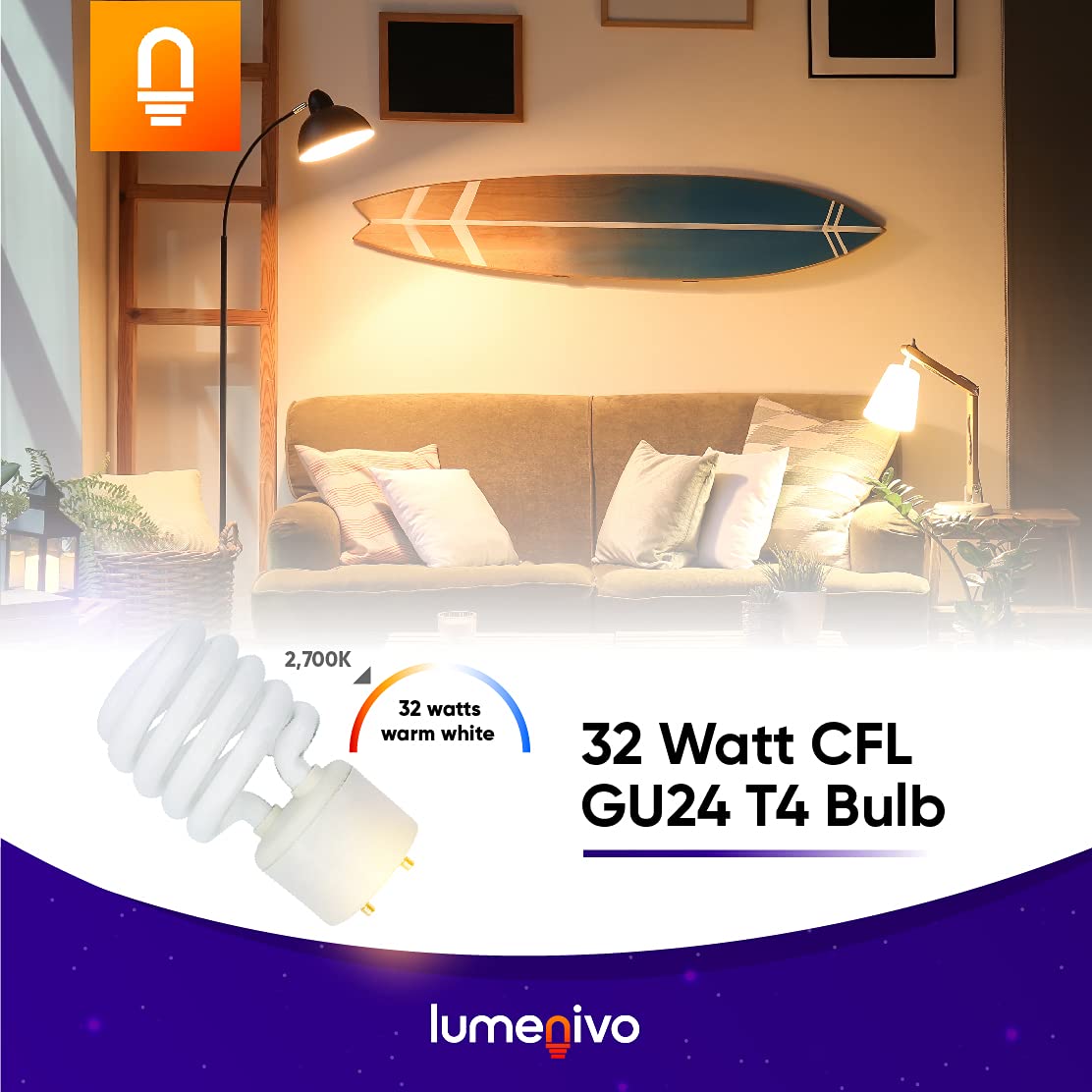 lumenivo 32 Watt Replacement Bulb for TCP 33132SP 2700K Warm White CFL T4 Frosted GU24 Base Bulb - Twist and Lock Compact Fluorescent Bulb - 1 Pack