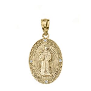 Solid 10k Gold St. Anthony Of Padua Diamond Oval Medal Pendant (1")