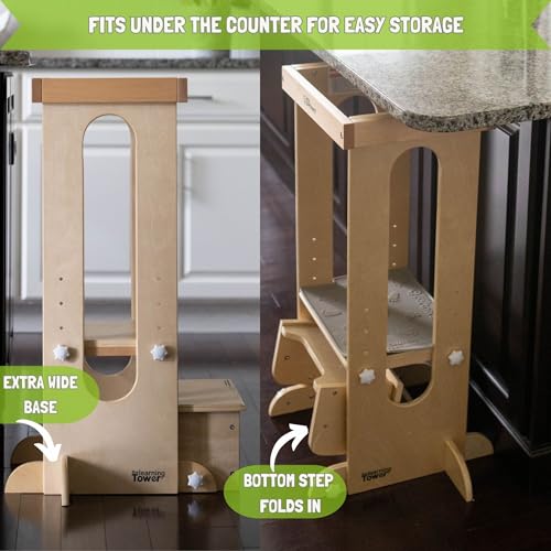 Little Partners Learning Tower Toddler Tower Foldable Step, Explore 'N Store Folding Toddler Tower Montessori Kitchen Tower for Cooking, 22.28" L x 19.56" W x 33.50" H, Ages 2 to 6 (Natural)