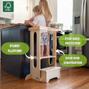 Little Partners Learning Tower Toddler Tower Foldable Step, Explore 'N Store Folding Toddler Tower Montessori Kitchen Tower for Cooking, 22.28" L x 19.56" W x 33.50" H, Ages 2 to 6 (Natural)