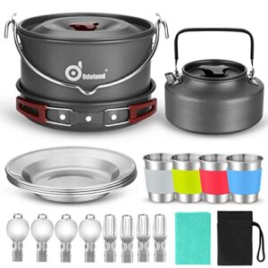 odoland 22pcs camping cookware mess kit, large size hanging pot pan kettle with base cook set for 4, cups dishes forks spoons kit for outdoor camping hiking picnic