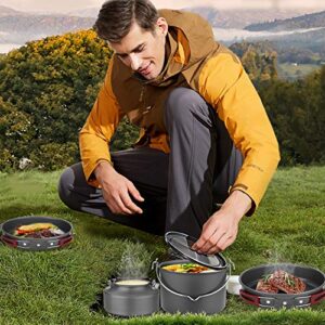 Odoland 22pcs Camping Cookware Mess Kit, Large Size Hanging Pot Pan Kettle with Base Cook Set for 4, Cups Dishes Forks Spoons Kit for Outdoor Camping Hiking Picnic