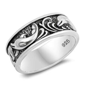 oxidized dolphin wave playing animal ring .925 sterling silver band size 12