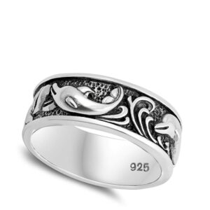 Oxidized Dolphin Wave Playing Animal Ring .925 Sterling Silver Band Size 12