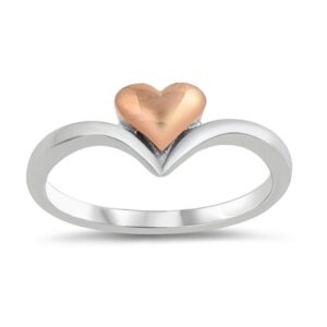 Rose Gold-Tone Heart Chevron V-Shaped Ring .925 Sterling Silver Band Size 7