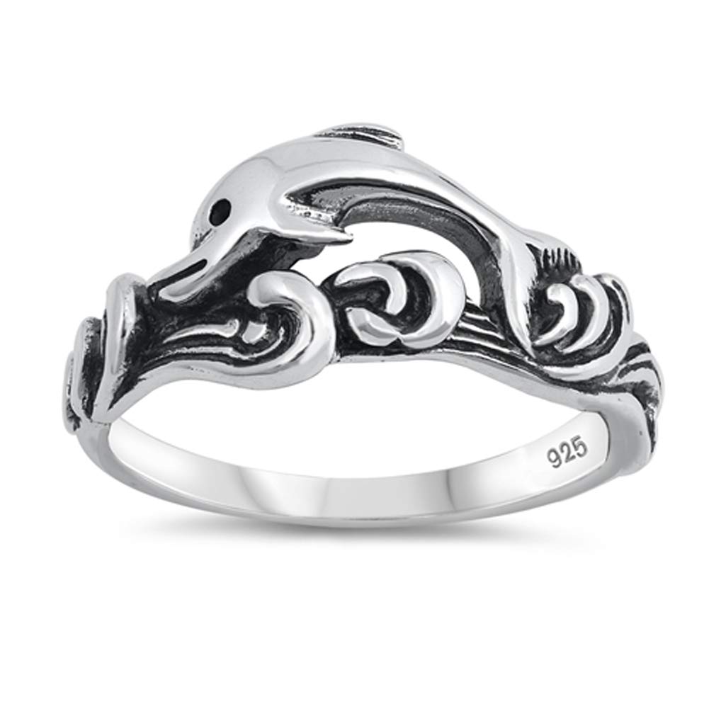 Oxidized Dolphin Animal Wave Play Ring New .925 Sterling Silver Band Size 6