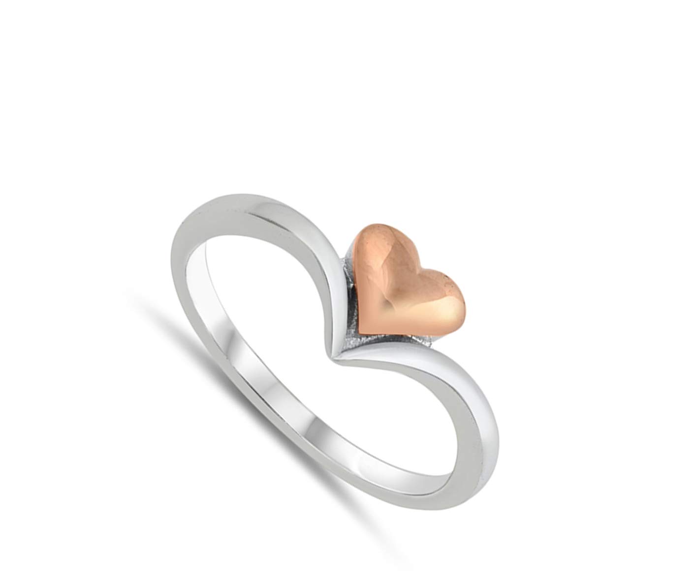 Rose Gold-Tone Heart Chevron V-Shaped Ring .925 Sterling Silver Band Size 7