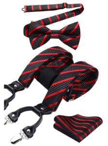 hisdern bow tie and suspenders for men red striped suspender and bowtie handkerchief set adjustable y shape 6 clips wedding brace