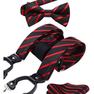 HISDERN Bow Tie and Suspenders for Men Red Striped Suspender and Bowtie Handkerchief Set Adjustable Y Shape 6 Clips Wedding Brace