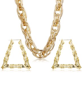 hanpabum gold plated chunky rope chain necklace and large hollow casting triangle bamboo hoop earrings set for men women costume jewelry punk hip hop rapper style (a:triangle)