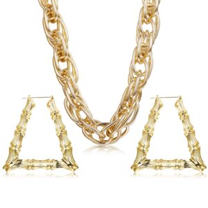 HANPABUM Gold Plated Chunky Rope Chain Necklace and Large Hollow Casting Triangle Bamboo Hoop Earrings Set for Men Women Costume Jewelry Punk Hip Hop Rapper Style (A:Triangle)