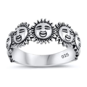 oxidized sun smiley face happy sunflower ring sterling silver band size 10