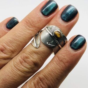 Koral Jewelry Tiger Eye Adjustable Tribal Feather Ring 925 Sterling Silver Gipsy Boho Chic (8)