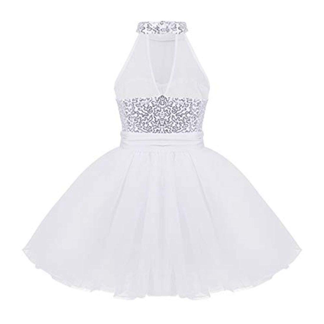 iEFiEL Kids Girls' Sequined Camisole Ballet Tutu Dress Ballerina Leotard Outfit Dance Wear Costumes White 5-6