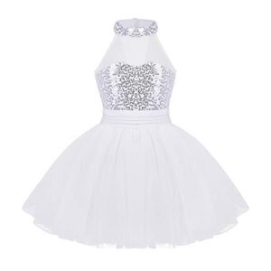 iEFiEL Kids Girls' Sequined Camisole Ballet Tutu Dress Ballerina Leotard Outfit Dance Wear Costumes White 5-6