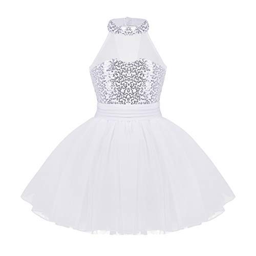 iEFiEL Kids Girls' Sequined Camisole Ballet Tutu Dress Ballerina Leotard Outfit Dance Wear Costumes White 5-6