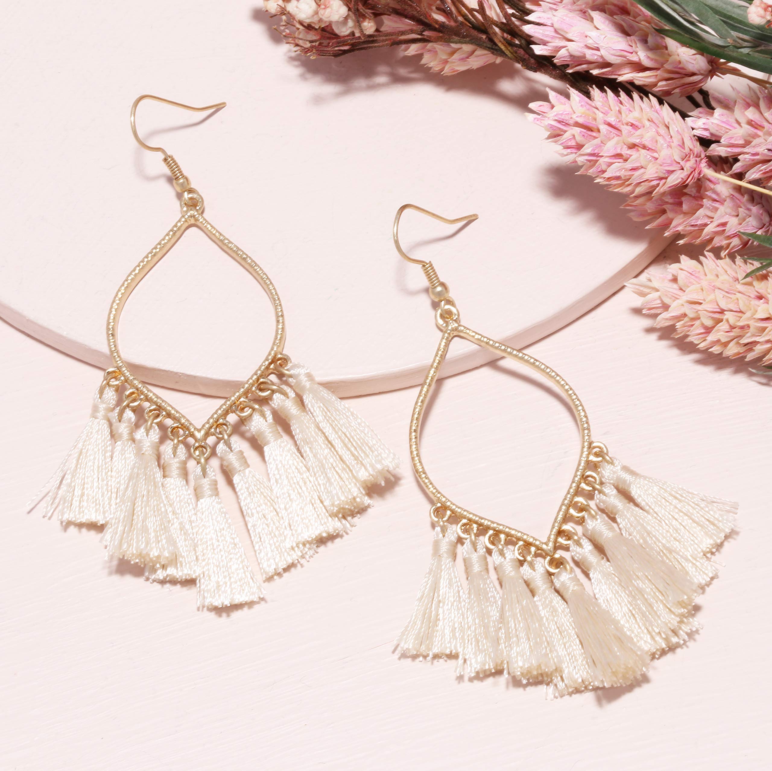 Boho Rhombus Metal Frame with Tassels Dangle Drop Earrings for Women