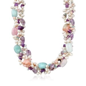 ross-simons 4-6.5mm cultured pearl and multi-stone torsade necklace with sterling silver. 18 inches