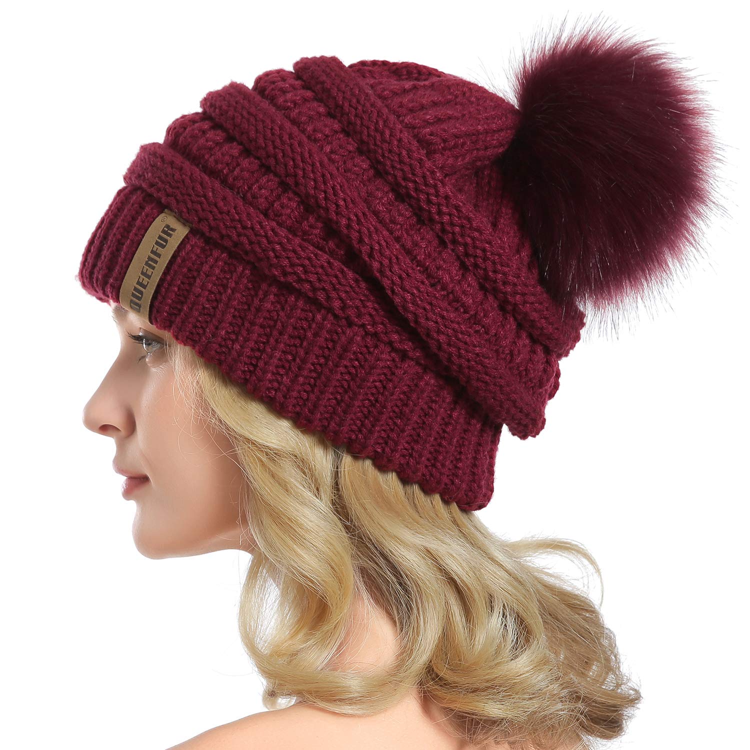 QUEENFUR Women Knit Slouchy Beanie Chunky Baggy Hat with Faux Fur Pompom Winter Soft Warm Ski Cap