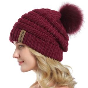 QUEENFUR Women Knit Slouchy Beanie Chunky Baggy Hat with Faux Fur Pompom Winter Soft Warm Ski Cap