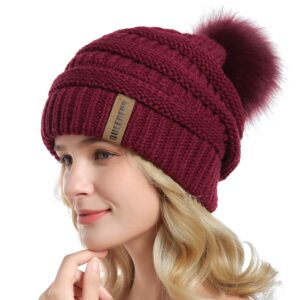 QUEENFUR Women Knit Slouchy Beanie Chunky Baggy Hat with Faux Fur Pompom Winter Soft Warm Ski Cap