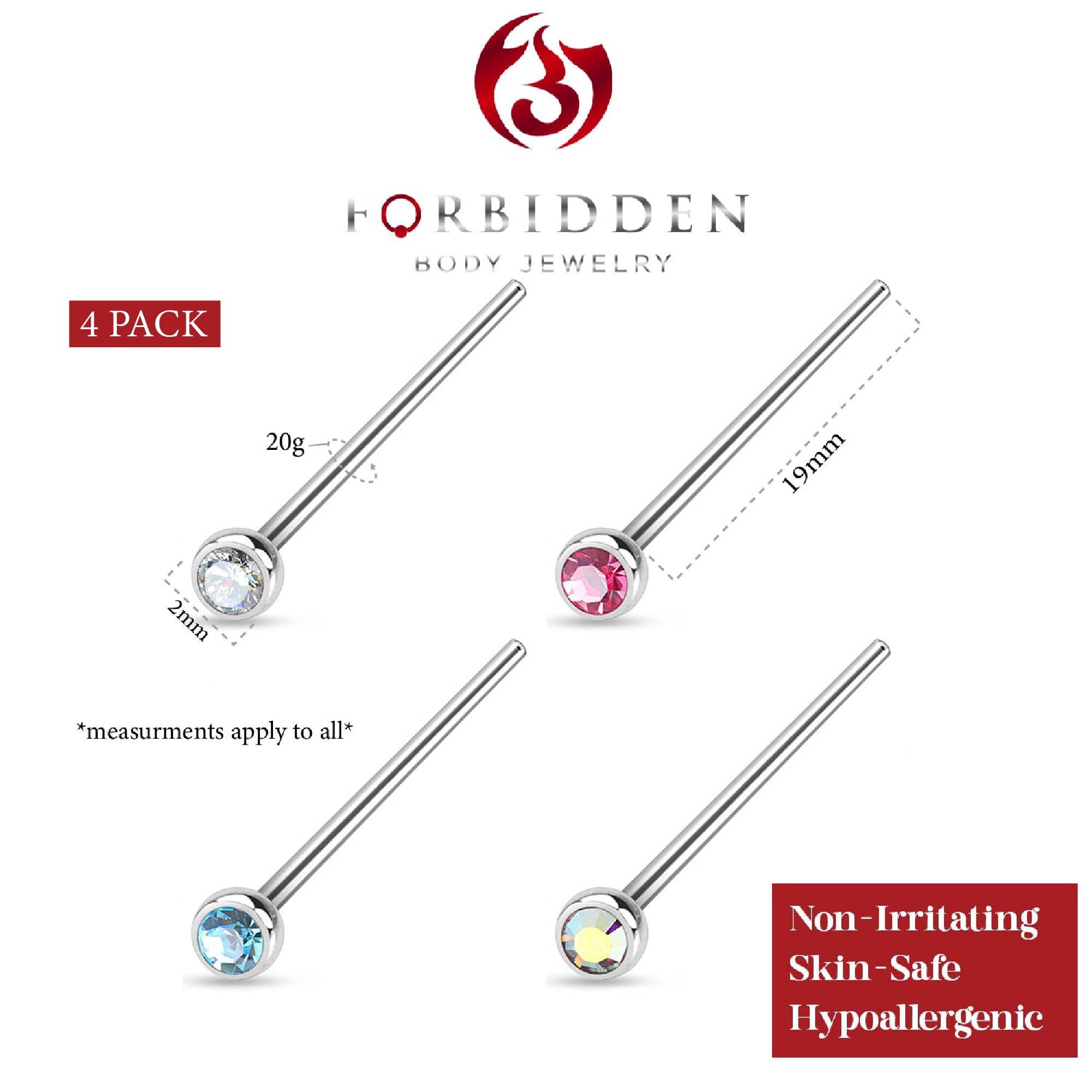 Forbidden Body Jewelry 20g 4-Pack Surgical Steel 2mm Press Fit CZ Fishtail Custom Bend Nose Studs