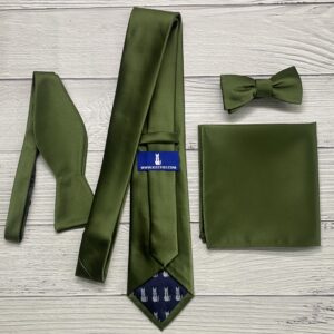 KissTies Dark Olive Green Satin Tie Set Solid Ties Mens Necktie + Pocket Square