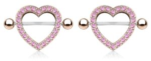 forbidden body jewelry surgical steel cz crystal heart nipple shield barbells (rose gold tone/pink)