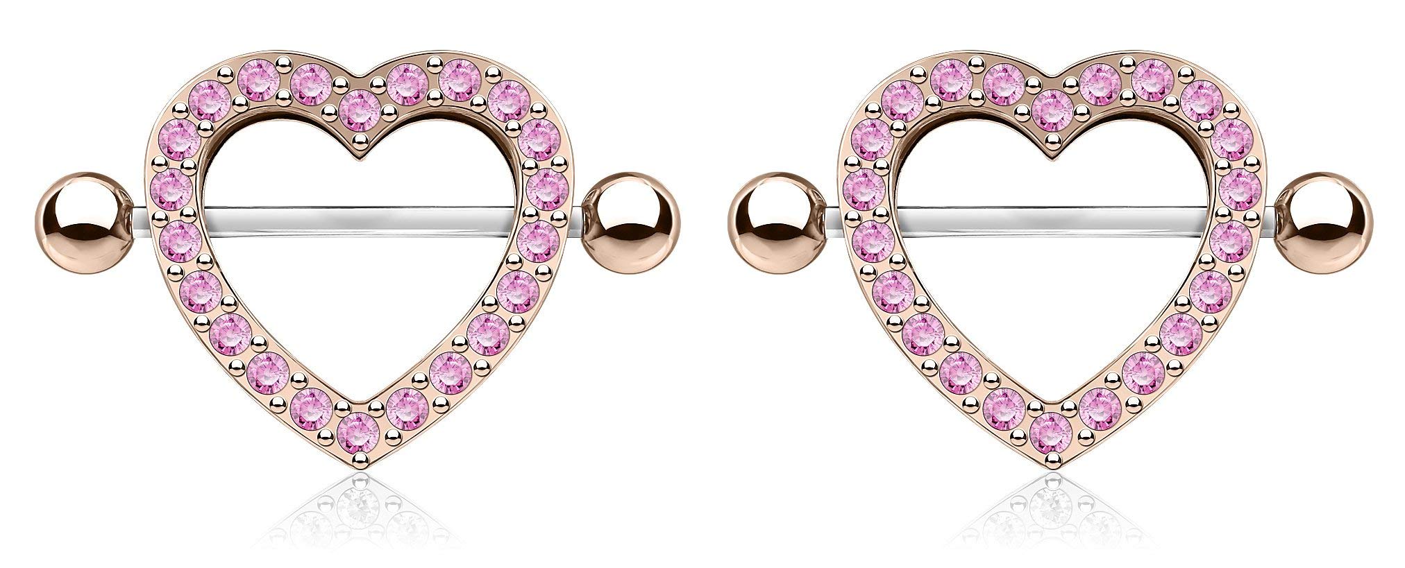 Forbidden Body Jewelry Surgical Steel CZ Crystal Heart Nipple Shield Barbells (Rose Gold Tone/Pink)