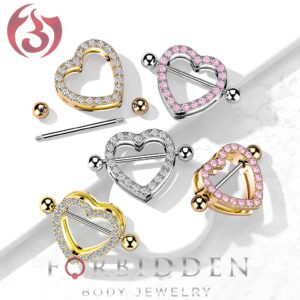 Forbidden Body Jewelry Surgical Steel CZ Crystal Heart Nipple Shield Barbells (Rose Gold Tone/Pink)