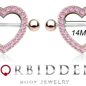 Forbidden Body Jewelry Surgical Steel CZ Crystal Heart Nipple Shield Barbells (Rose Gold Tone/Pink)