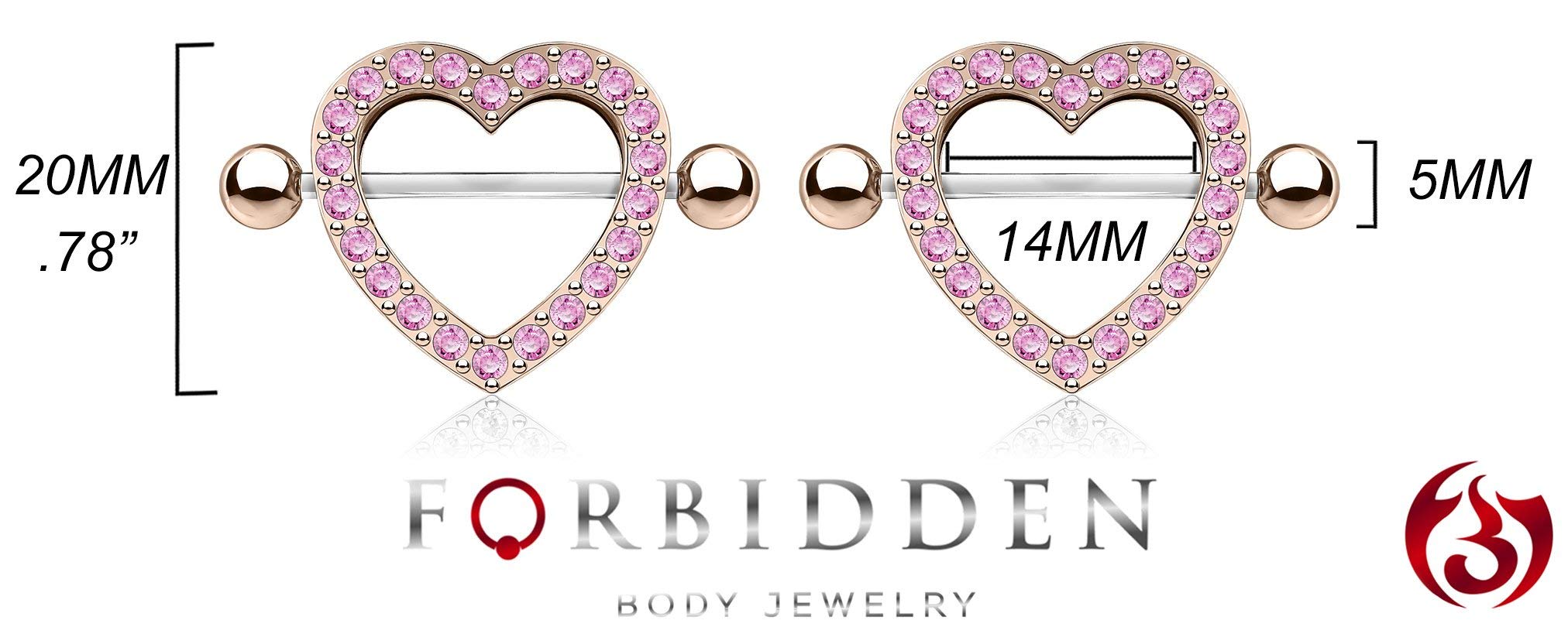 Forbidden Body Jewelry Surgical Steel CZ Crystal Heart Nipple Shield Barbells (Rose Gold Tone/Pink)