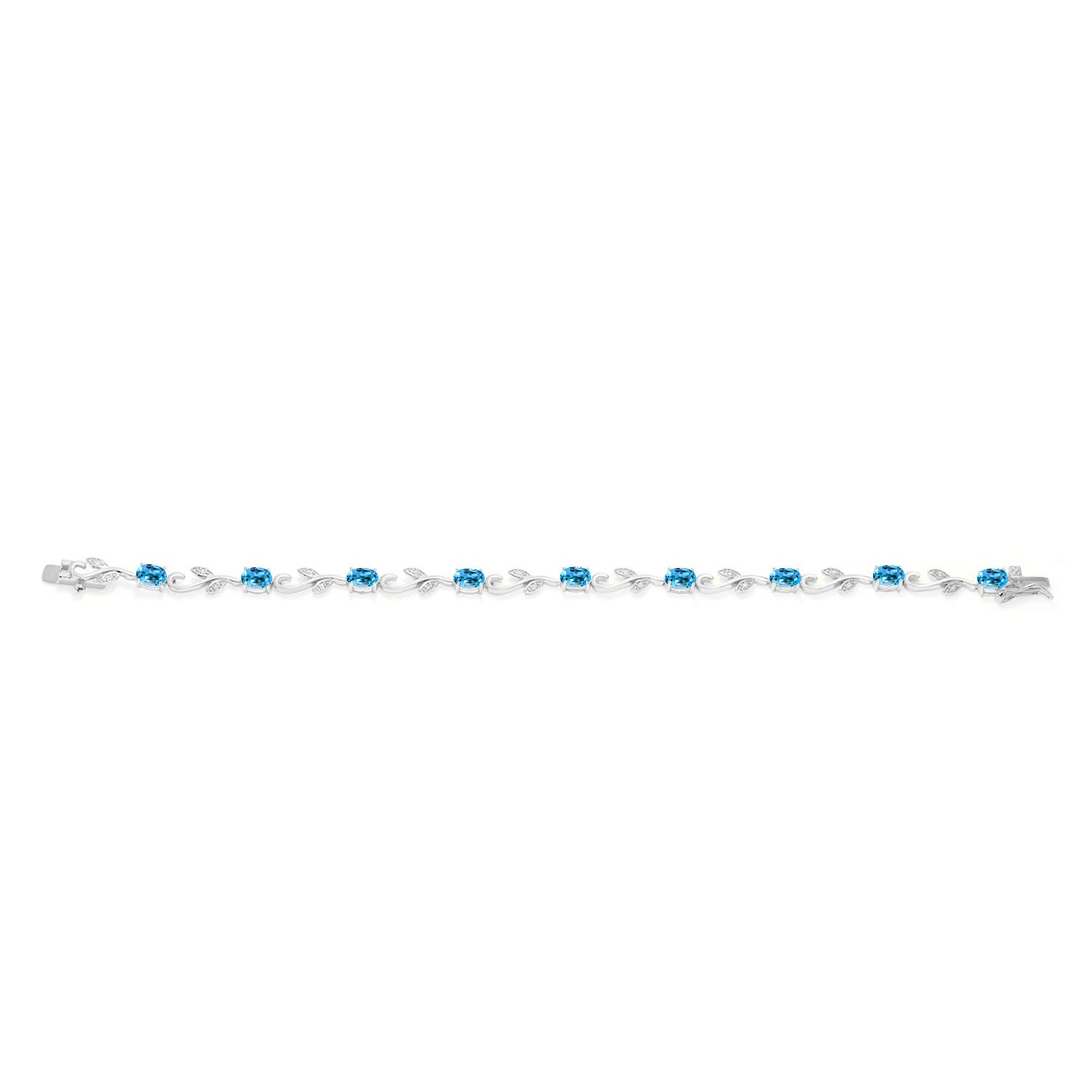 Gem Stone King 925 Sterling Silver Swiss Blue Topaz and Diamond Greek Vine Tennis Bracelet For Women (5.08 Cttw, Gemstone Birthstone, 7 Inch)