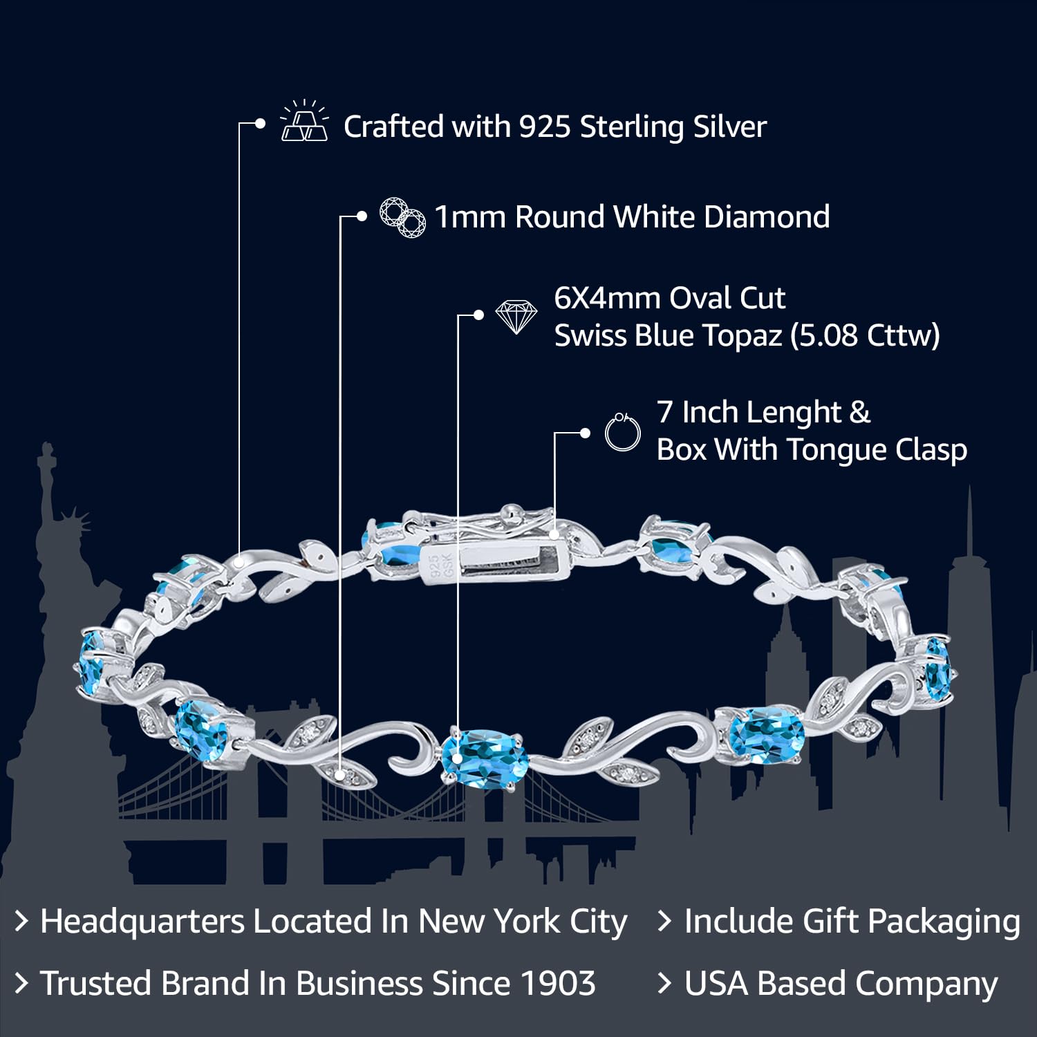 Gem Stone King 925 Sterling Silver Swiss Blue Topaz and Diamond Greek Vine Tennis Bracelet For Women (5.08 Cttw, Gemstone Birthstone, 7 Inch)