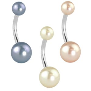 Forbidden Body Jewelry 3-Pk Surgical Steel Double Ball Imitation Pearl Belly Button Ring, Navy/Pink/White