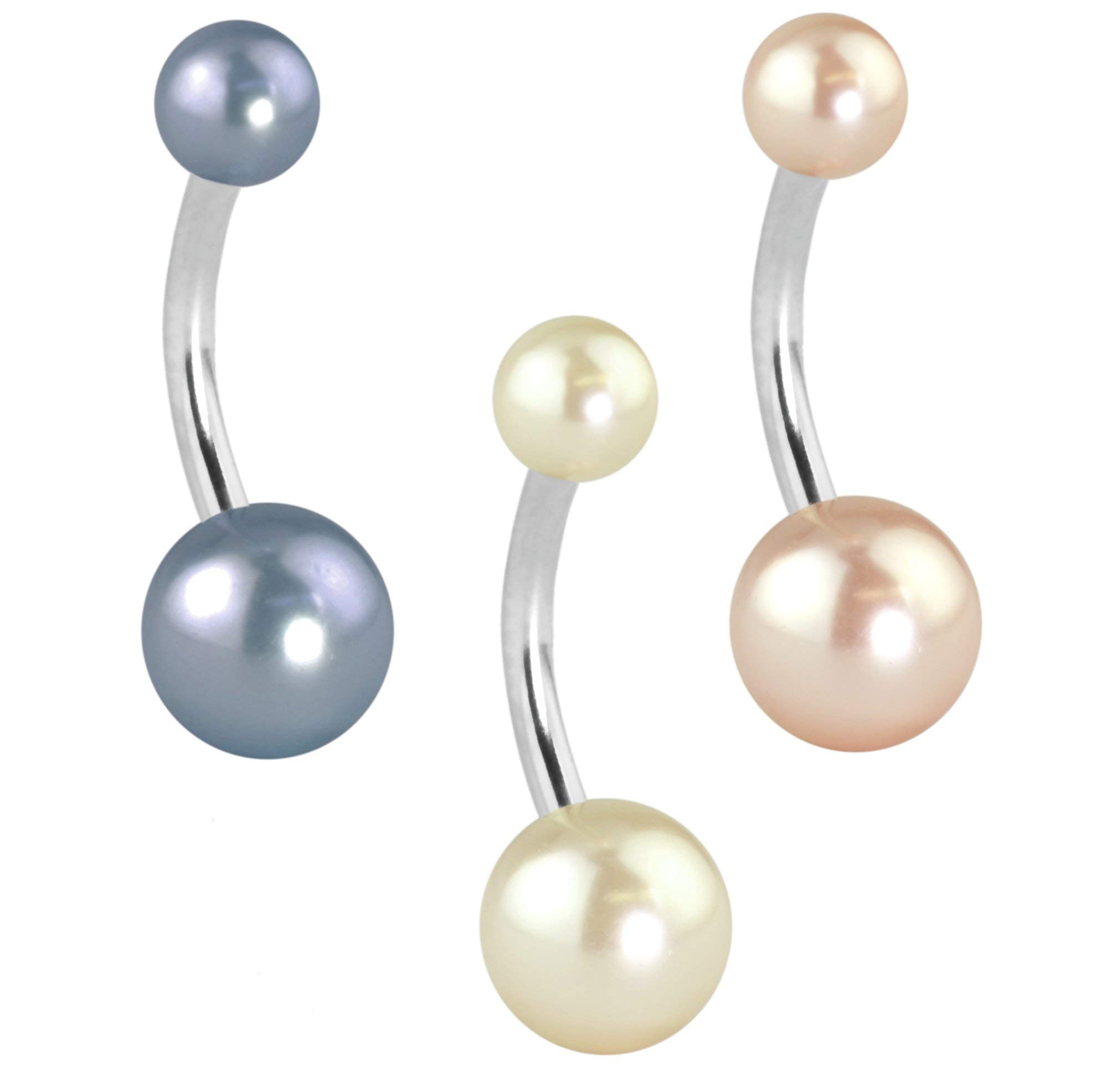 Forbidden Body Jewelry 3-Pk Surgical Steel Double Ball Imitation Pearl Belly Button Ring, Navy/Pink/White