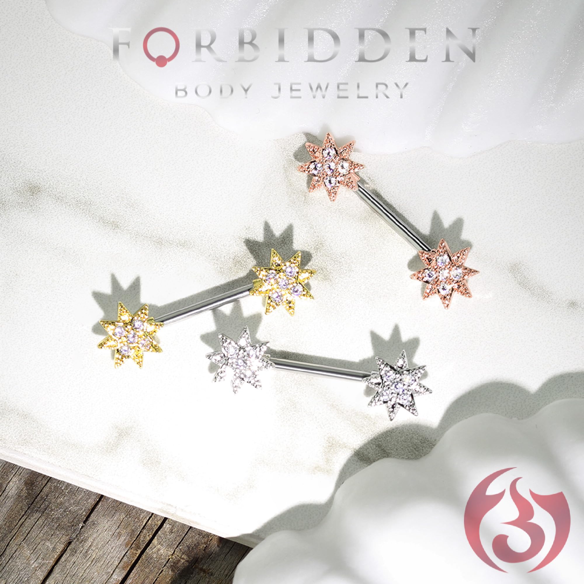 Forbidden Body Jewelry nipple rings, 14mm stainless steal nipple ring, CZ supernova star nipple piercing jewelry, nipple rings for women and men, nipple barbells for women and men.