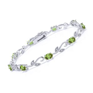 Gem Stone King 4.63 Cttw Oval Green Peridot and Diamond Greek Vine Tennis Bracelet For Women | 925 Sterling Silver | Gemstone Birthstone | 7 Inch