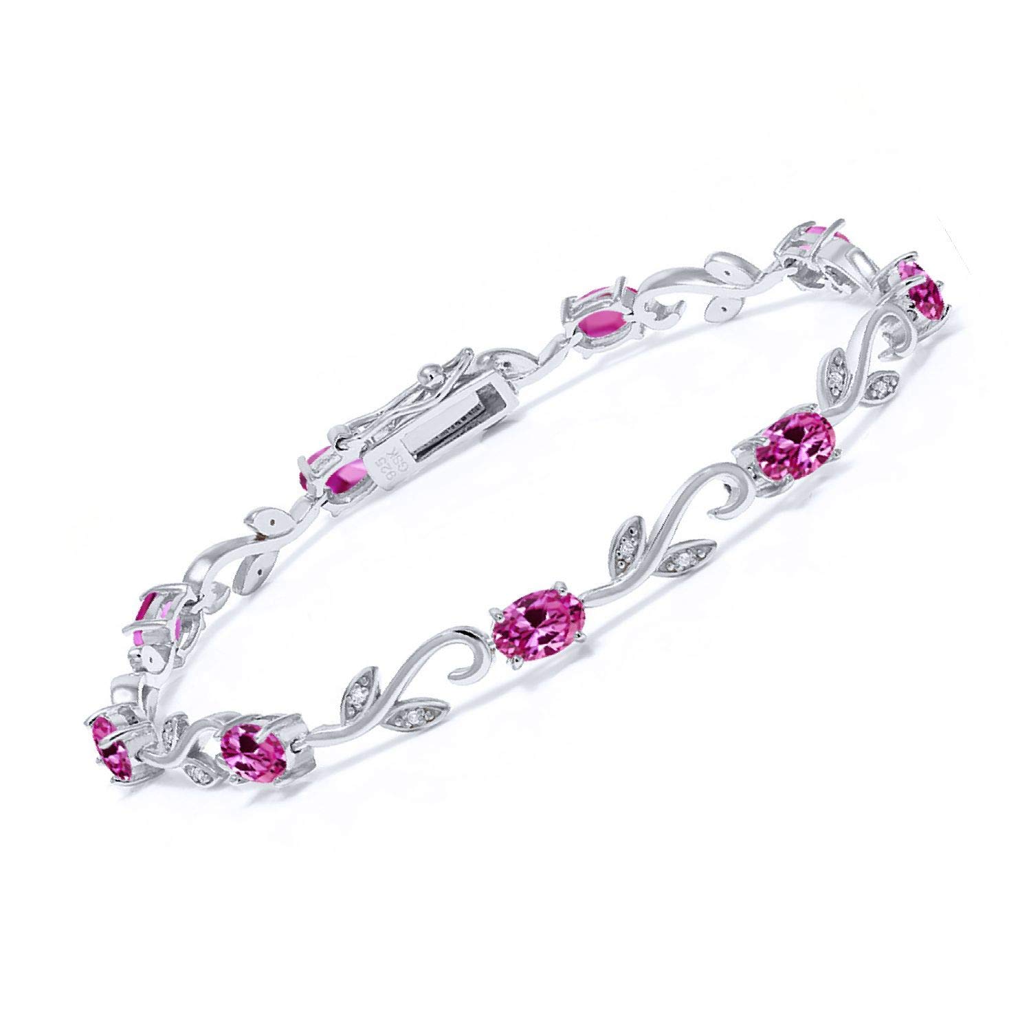 Gem Stone King 925 Sterling Silver Pink Created Sapphire and Diamond Greek Vine Tennis Bracelet For Women (4.63 Cttw, 7 Inch, Oval 6X4MM)