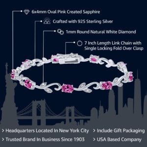 Gem Stone King 925 Sterling Silver Pink Created Sapphire and Diamond Greek Vine Tennis Bracelet For Women (4.63 Cttw, 7 Inch, Oval 6X4MM)