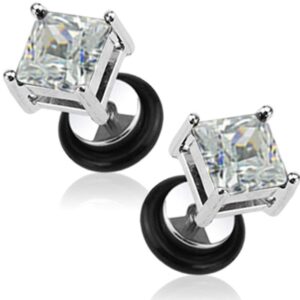 16g surgical steel square crystal dia cut cheater plug earrings (clear cz)